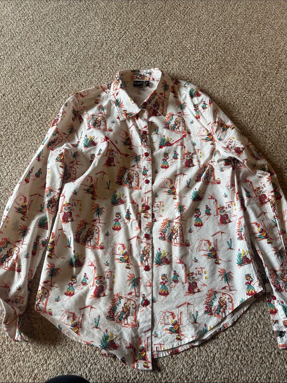 Woven Button-Down Shirt in Cream with Multicolor Novelty Print